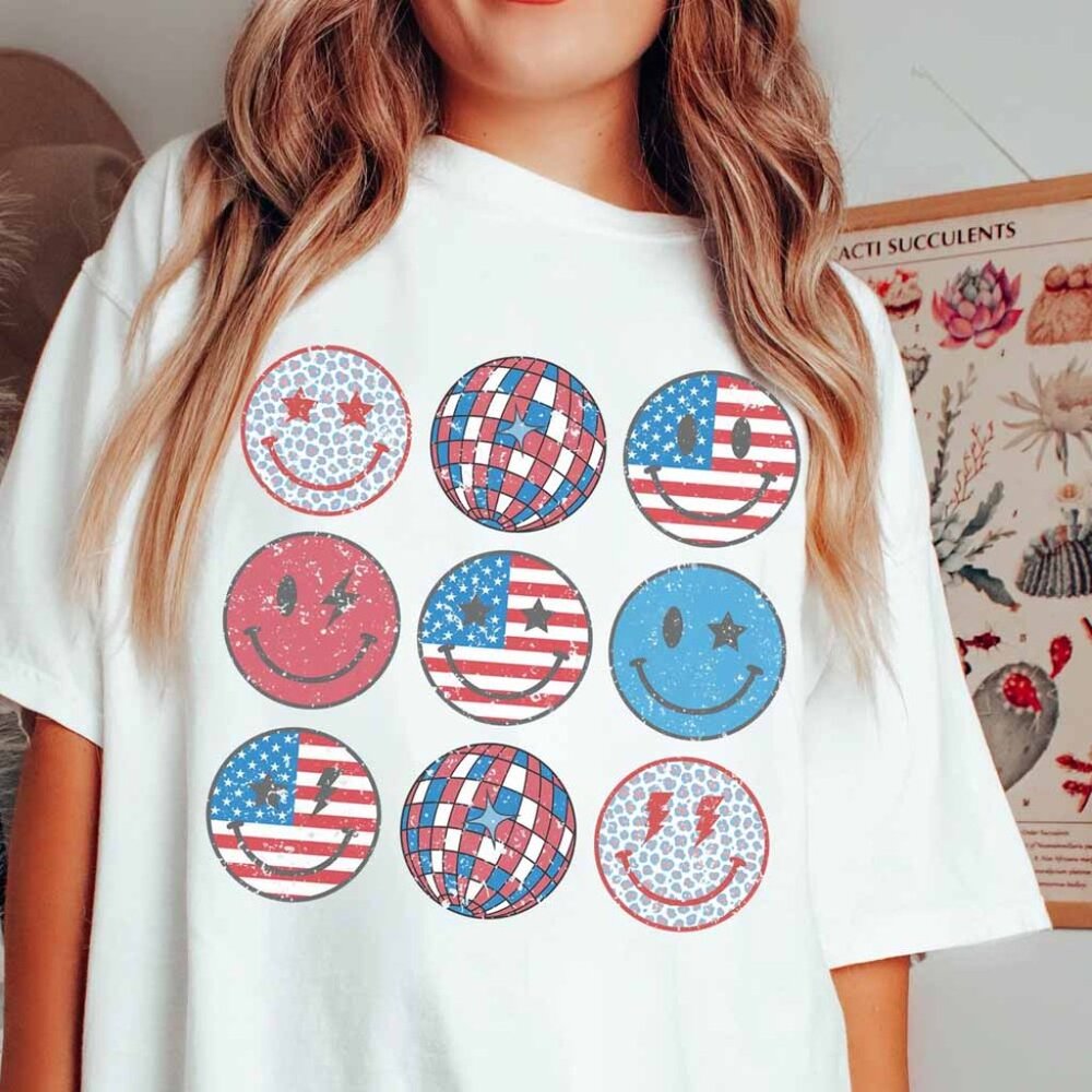 Smiley Flag USA Tee Shirt, 4th of July Gift Shirt, Smiley Face Funny TShirt